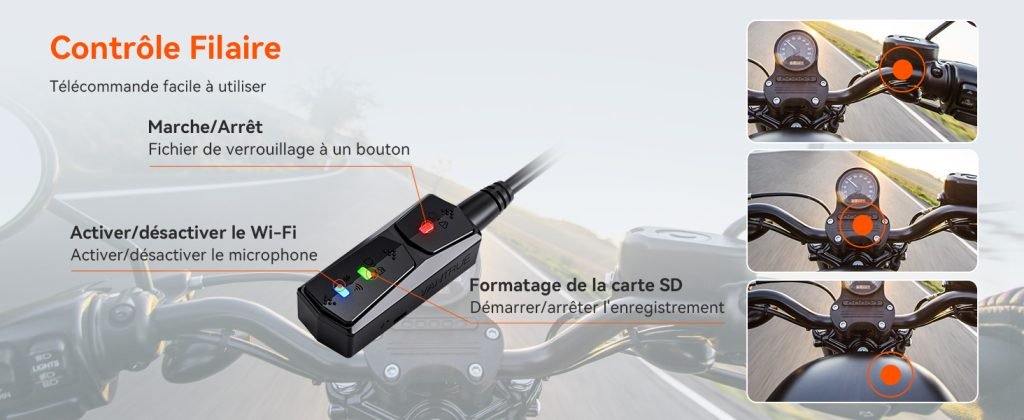 La VANTRUE F1 inclut une télécommande fixée sur le guidon et connectée au module principal par un câble.