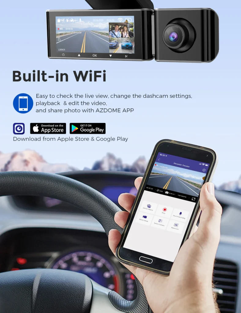 Vous pouvez connecter la dashcam à l'application AZDOME sur votre smartphone grùce au Wifi intégré,