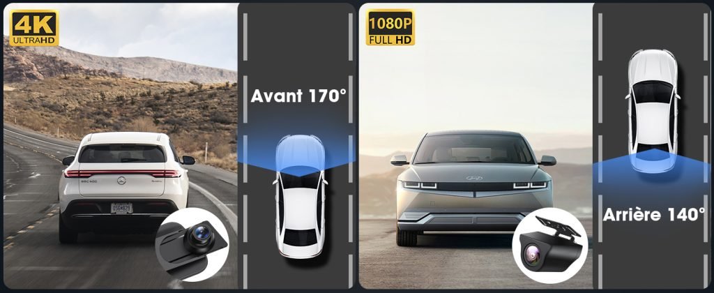 Illustration indiquant les angles de visions de la caméra VTOPEK : 4k & 170° à l'avant et 1080P & 140° à l'arrière.