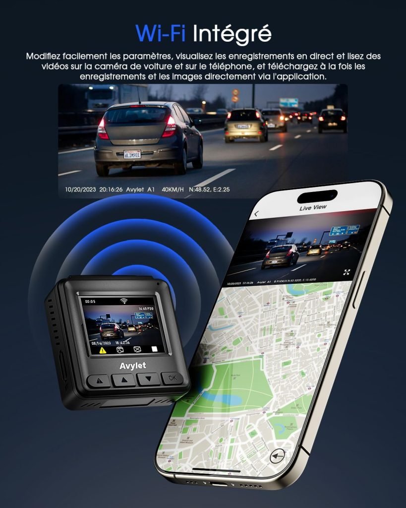 Interface Wi-Fi de la dashcam Avylet 2K permettant de visualiser et télécharger des vidéos directement sur un smartphone via une application dédiée.